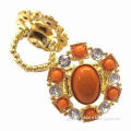 Gold Stretch Alloy Ring with Clear Diamond and Bright Orange Acrylic Beads